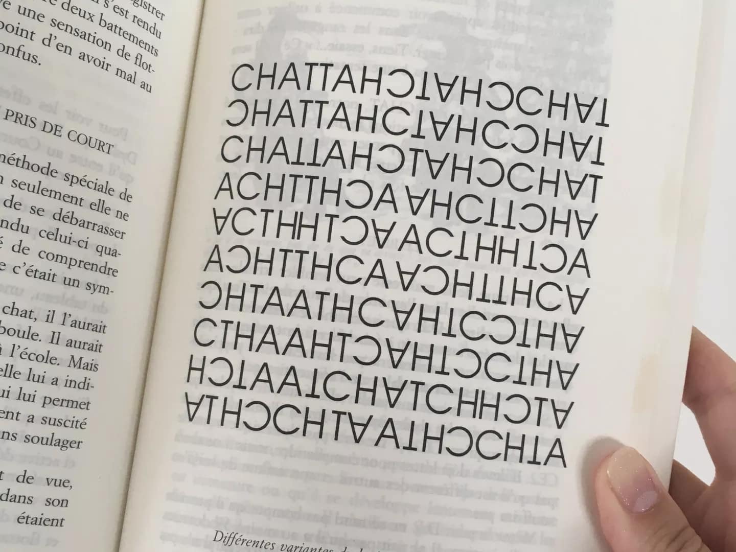 Une personne tient un livre ouvert sur une page avec un texte inversé en miroir sur lequel est écrit CHATTAL à plusieurs reprises. Les pages environnantes contiennent un texte lisible en français, mettant l’accent sur la représentation artistique de la dyslexie et de l’apprentissage d’une langue étrangère. Les 8 meilleur conseils pour dyslexique